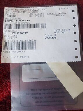 JLG 500lb Cap Warning Replacement decal JLG 1702688 NWT